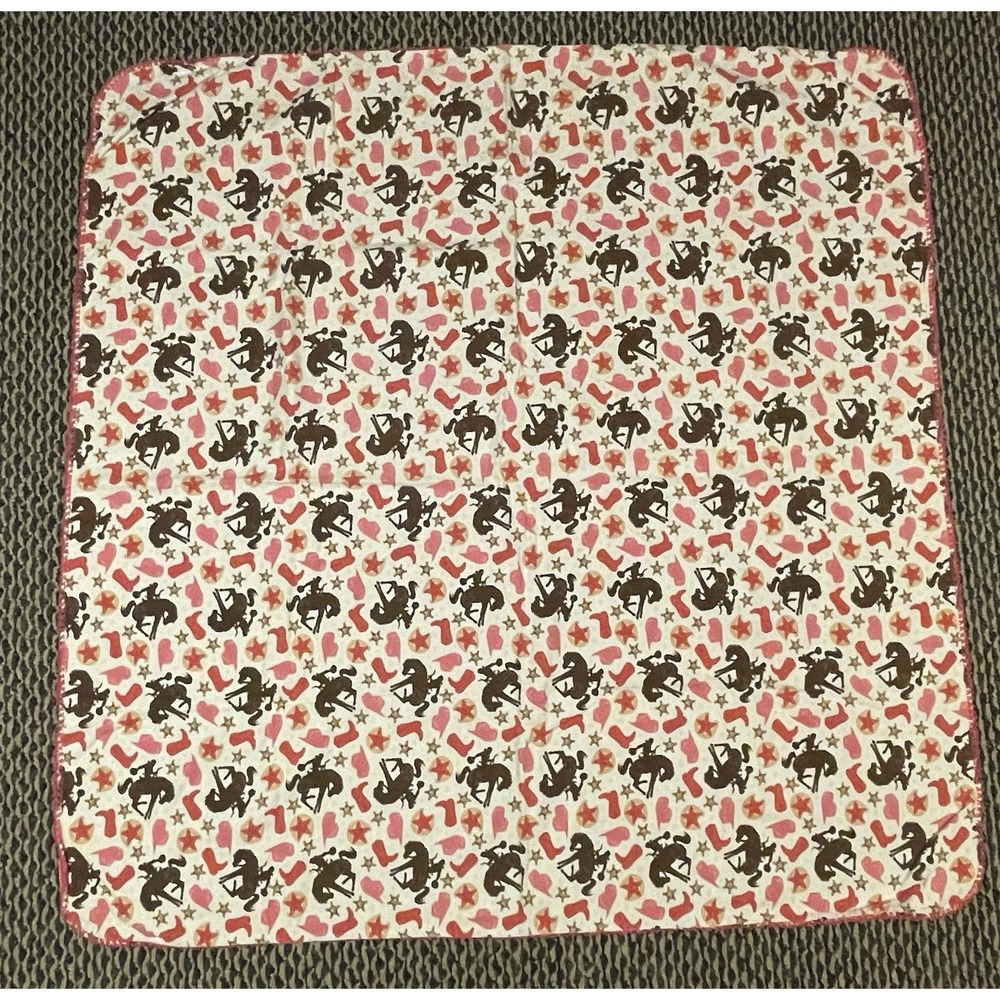 Handmade Baby Blanket Crochet Edge Flannel Double Sided Pink Cowboy Horse Rodeo